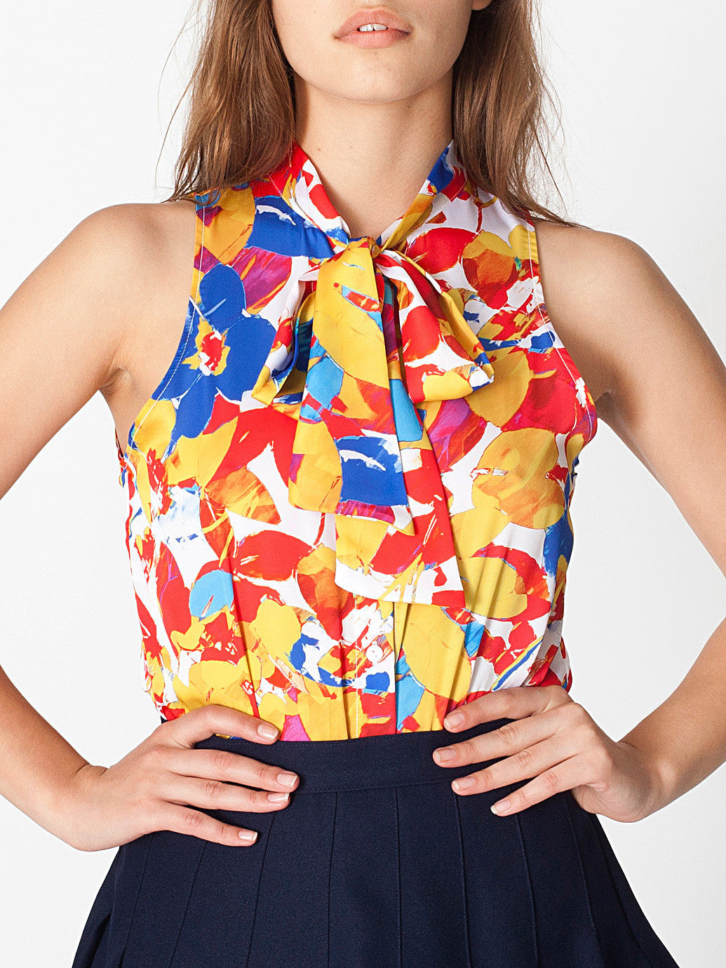 Floral Print Sleeveless Secretary Blouse