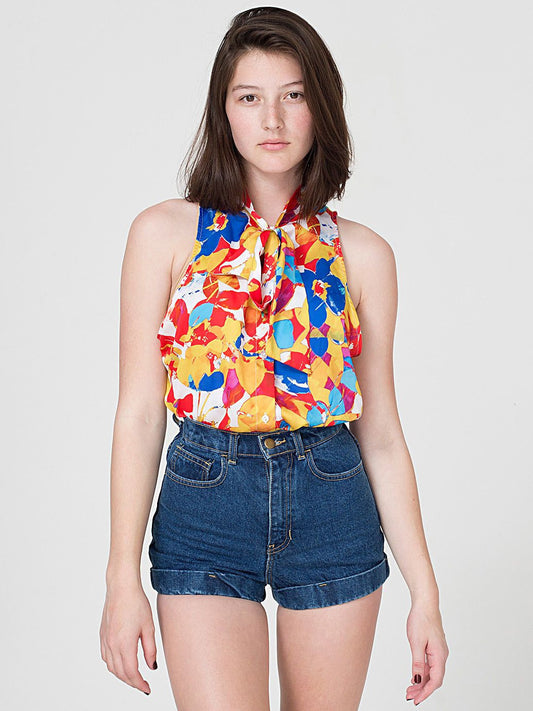 Floral Print Sleeveless Secretary Blouse