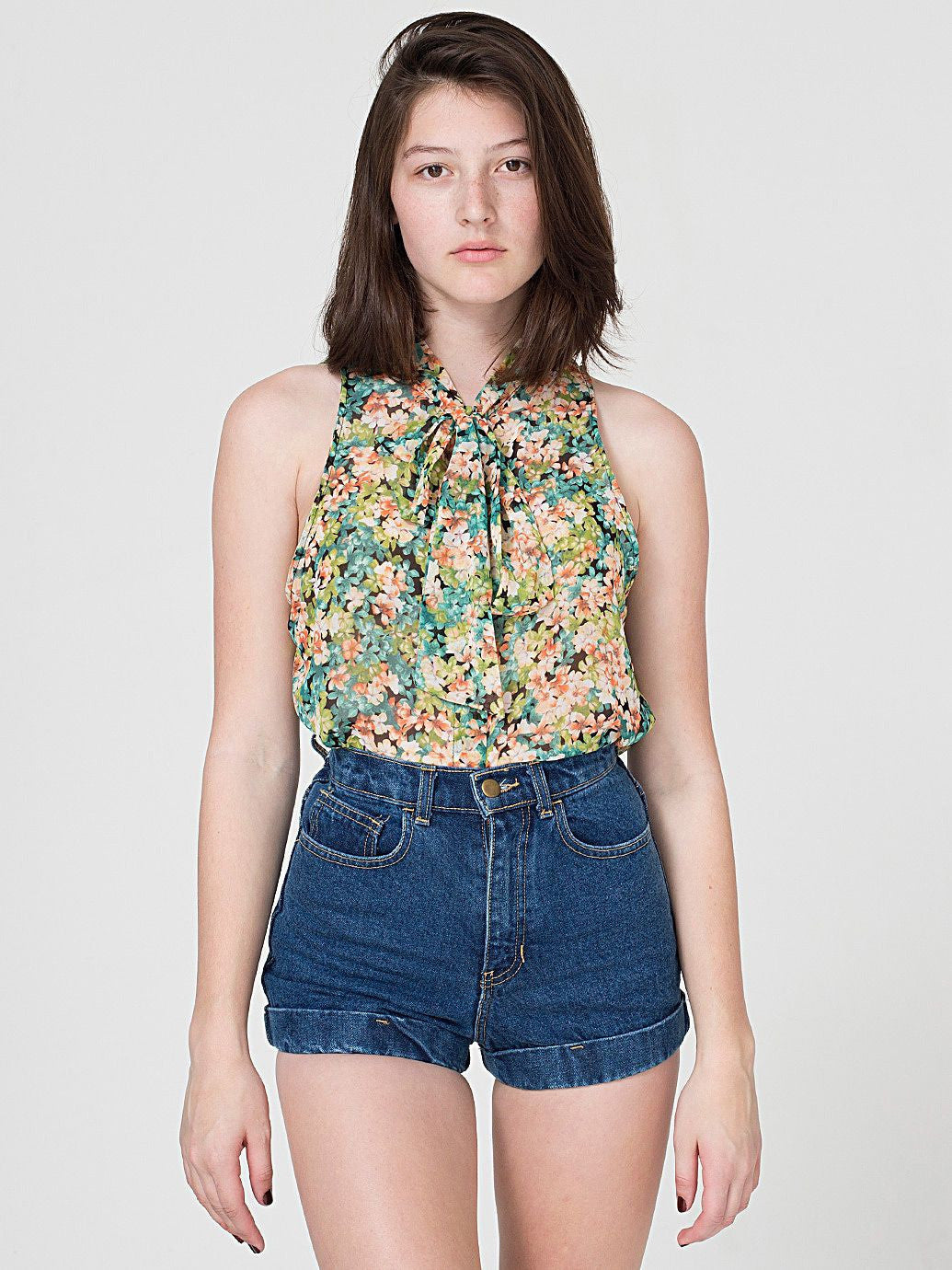 Floral Print Sleeveless Secretary Blouse