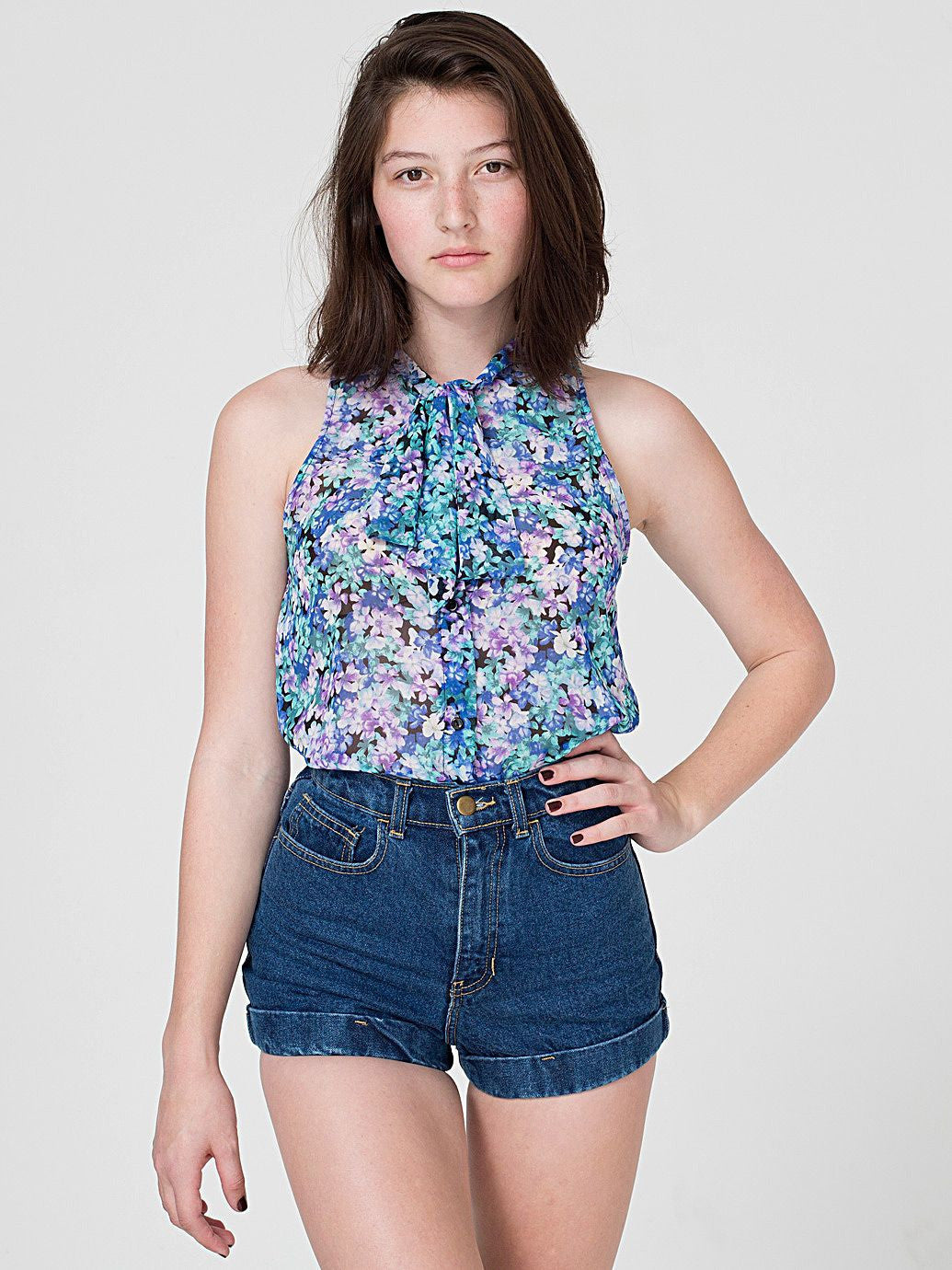 Floral Print Sleeveless Secretary Blouse